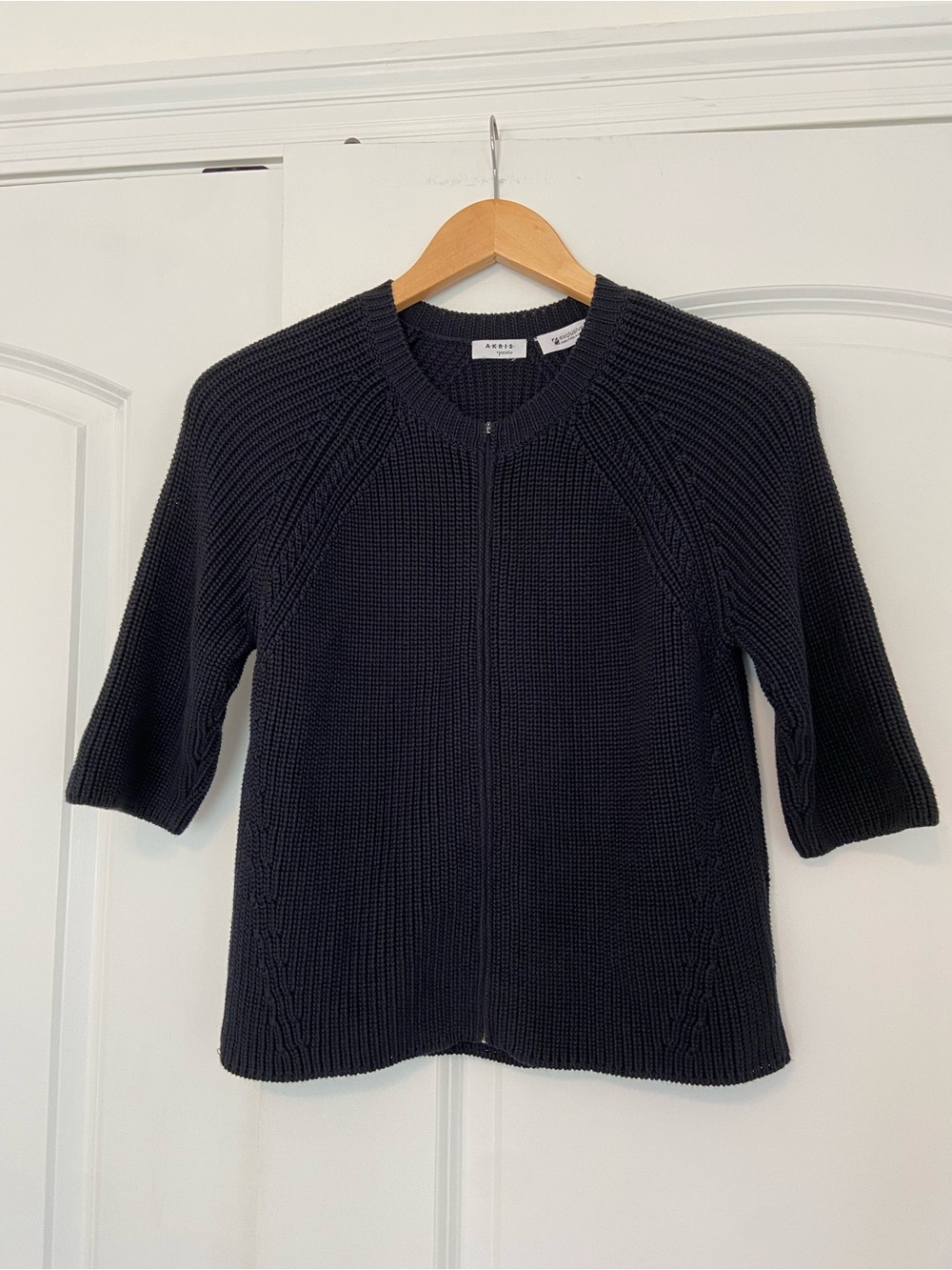 Vtg 90s Akris Punto Cotton Sweater Cardigan Zip Up Black Sm Elbow Sleeves Flaw
